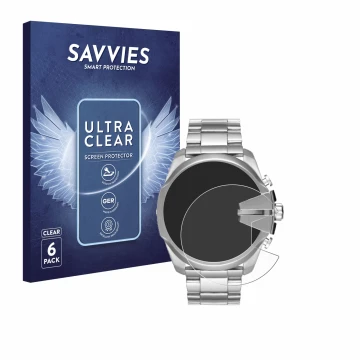Front side of a product packaging with the brand logo Savvies. Next to it is the device Diesel Mega Chief DZ4417 shown with th