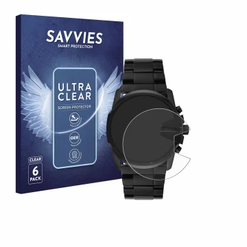 Front side of a product packaging with the brand logo Savvies. Next to it is the device Diesel Master Chief DZ4180 shown with 
