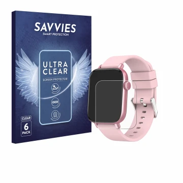 Front side of a product packaging with the brand logo Savvies. Next to it is the device Ombar Smartwatch 1.9