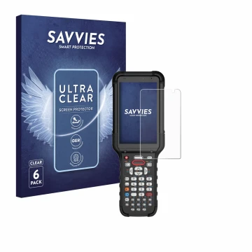 Front side of a product packaging with the brand logo Savvies. Next to it is the device Honeywell CK67 shown with the correspo