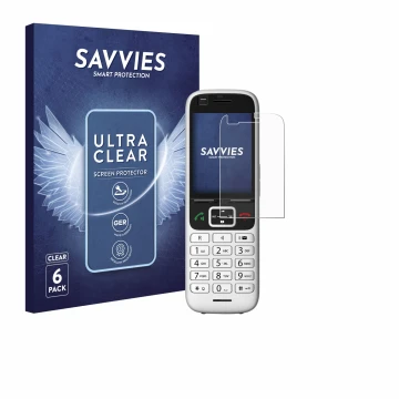 Front side of a product packaging with the brand logo Savvies. Next to it is the device Unify OpenScape S6 shown with the corr