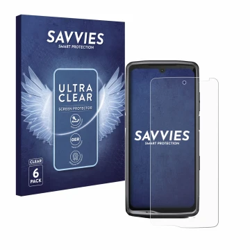 Front side of a product packaging with the brand logo Savvies. Next to it is the device Crosscall Stellar M6E shown with the c
