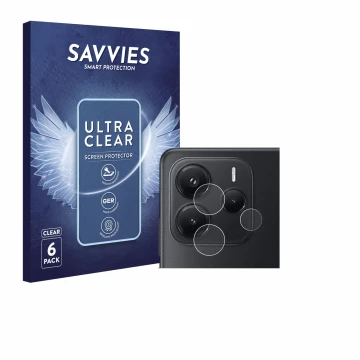 Front side of a product packaging with the brand logo Savvies. Next to it is the device Xiaomi Redmi Note 14 (ONLY Camera Lens
