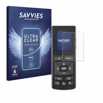Front side of a product packaging with the brand logo Savvies. Next to it is the device Minn Kota Advanced GPS Navigation show