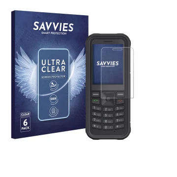 Front side of a product packaging with the brand logo Savvies. Next to it is the device Sonim XP100 shown with the correspondi