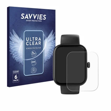 Front side of a product packaging with the brand logo Savvies. Next to it is the device Hama Fit Watch 5000 shown with the cor