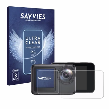 Front side of a product packaging with the brand logo Savvies. Next to it is the device Akaso Brave 7 LE shown with the corres