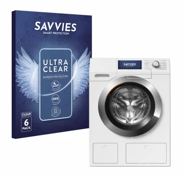 Front side of a product packaging with the brand logo Savvies. Next to it is the device Miele WEH875 shown with the correspond