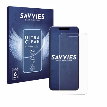 Front side of a product packaging with the brand logo Savvies. Next to it is the device Oukitel P1 shown with the correspondin