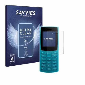 Front side of a product packaging with the brand logo Savvies. Next to it is the device Nokia 105 4G 2nd Edition shown with th