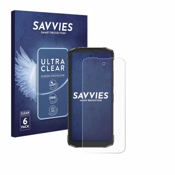 Front side of a product packaging with the brand logo Savvies. Next to it is the device Doogee Fire 6 Power shown with the cor