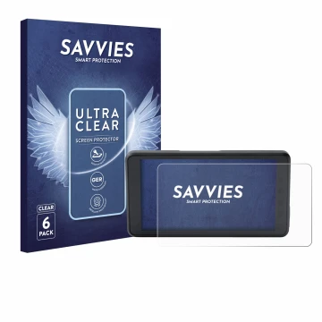 Front side of a product packaging with the brand logo Savvies. Next to it is the device BMW ConnectedRide Navigator Full Cover