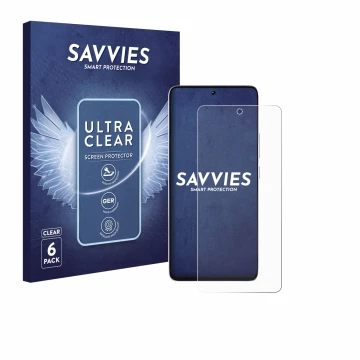 Front side of a product packaging with the brand logo Savvies. Next to it is the device Xiaomi Poco M7 Pro shown with the corr