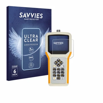 Front side of a product packaging with the brand logo Savvies. Next to it is the device RigExpert AA-55 Zoom shown with the co
