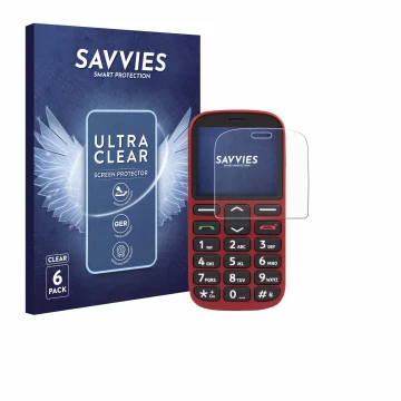 Front side of a product packaging with the brand logo Savvies. Next to it is the device Doro 1360 shown with the corresponding