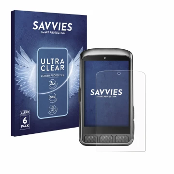 Front side of a product packaging with the brand logo Savvies. Next to it is the device Wahoo Elemnt ACE shown with the corres