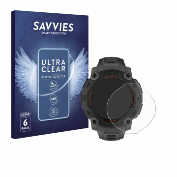 Front side of a product packaging with the brand logo Savvies. Next to it is the device Garmin Instinct E (45 mm) shown with t