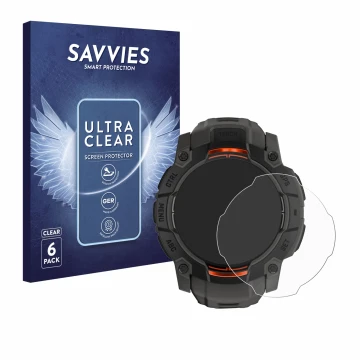 Front side of a product packaging with the brand logo Savvies. Next to it is the device Garmin Instinct 3 Solar (45 mm) shown 