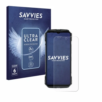 Front side of a product packaging with the brand logo Savvies. Next to it is the device Doogee S118 Pro shown with the corresp