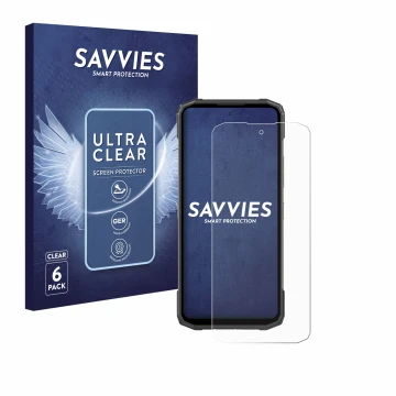 Front side of a product packaging with the brand logo Savvies. Next to it is the device Doogee Blade 10 Power shown with the c