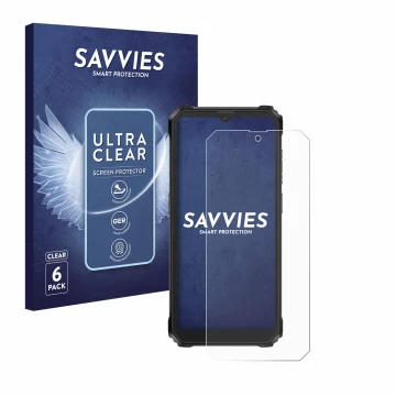 Front side of a product packaging with the brand logo Savvies. Next to it is the device Blackview BV6200 Plus shown with the c