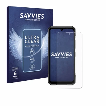 Front side of a product packaging with the brand logo Savvies. Next to it is the device Doogee Blade GT shown with the corresp