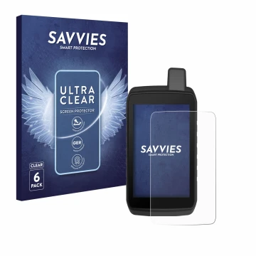 Front side of a product packaging with the brand logo Savvies. Next to it is the device Garmin Montana 710 shown with the corr