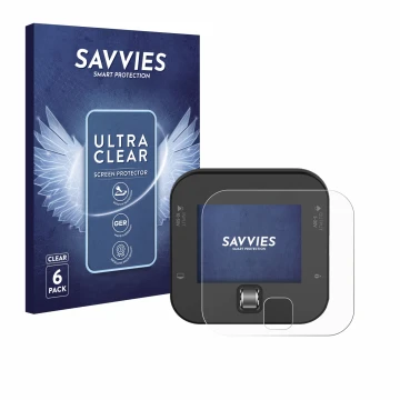 Front side of a product packaging with the brand logo Savvies. Next to it is the device ISDT Q6 Retro shown with the correspon