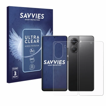 Front side of a product packaging with the brand logo Savvies. Next to it is the device Xiaomi Poco X7 Pro (Front+Back) shown 