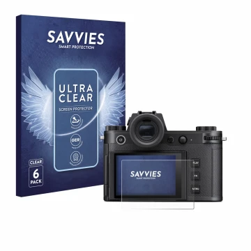 Front side of a product packaging with the brand logo Savvies. Next to it is the device Leica SL3-S shown with the correspondi