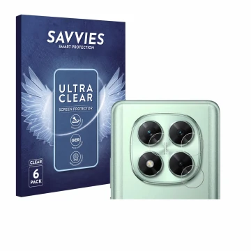 Front side of a product packaging with the brand logo Savvies. Next to it is the device Xiaomi Poco X7 (ONLY Camera) shown wit