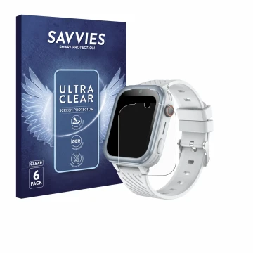 Front side of a product packaging with the brand logo Savvies. Next to it is the device DDIOYIUR Smartwatch shown with the cor