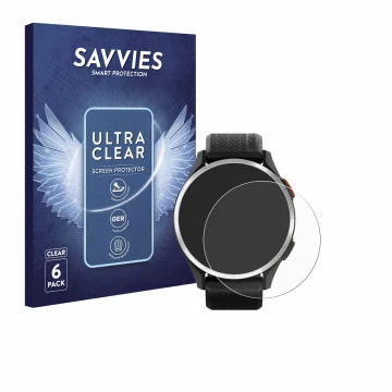 Front side of a product packaging with the brand logo Savvies. Next to it is the device Garmin Approach S44 shown with the cor