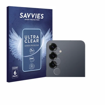 Front side of a product packaging with the brand logo Savvies. Next to it is the device Samsung Galaxy S25 Plus (ONLY Camera L