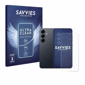 Front side of a product packaging with the brand logo Savvies. Next to it is the device Samsung Galaxy S25 Plus (Front+Camera)