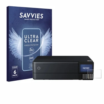 Front side of a product packaging with the brand logo Savvies. Next to it is the device Epson EcoTank ET-8550 shown with the c