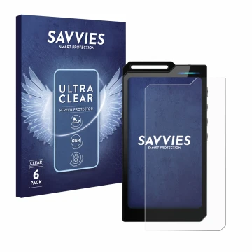 Front side of a product packaging with the brand logo Savvies. Next to it is the device Hiby R4 shown with the corresponding s