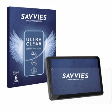 Front side of a product packaging with the brand logo Savvies. Next to it is the device Carpuride W702BS 7