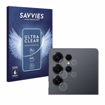 Front side of a product packaging with the brand logo Savvies. Next to it is the device Samsung Galaxy S25 Ultra Enterprise Ed