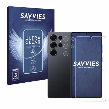 Front side of a product packaging with the brand logo Savvies. Next to it is the device Samsung Galaxy S25 Ultra Enterprise Ed