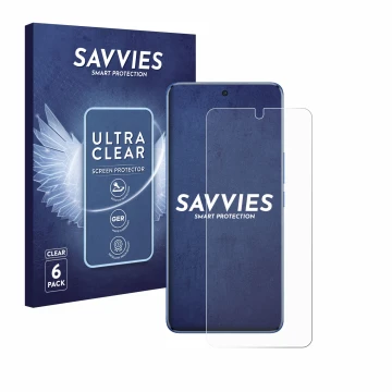Front side of a product packaging with the brand logo Savvies. Next to it is the device Vivo V50 shown with the corresponding 