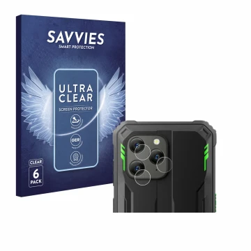 Front side of a product packaging with the brand logo Savvies. Next to it is the device Blackview BV5300 Plus (ONLY Camera Len