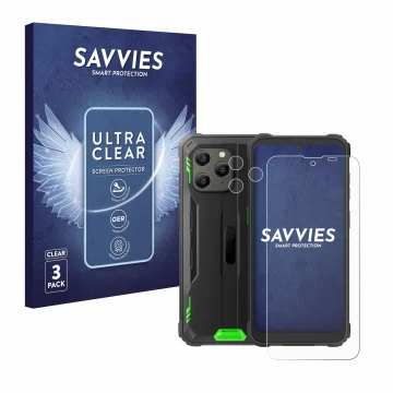 Front side of a product packaging with the brand logo Savvies. Next to it is the device Blackview BV5300 Plus (Front+Camera) s