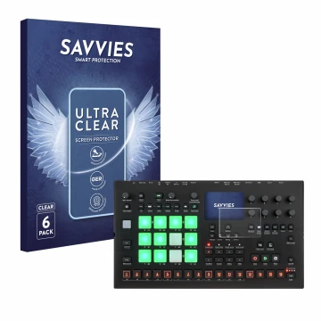Front side of a product packaging with the brand logo Savvies. Next to it is the device Elektron Analog Rytm MKII shown with t