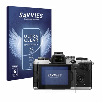 Front side of a product packaging with the brand logo Savvies. Next to it is the device OM System OM-3 shown with the correspo