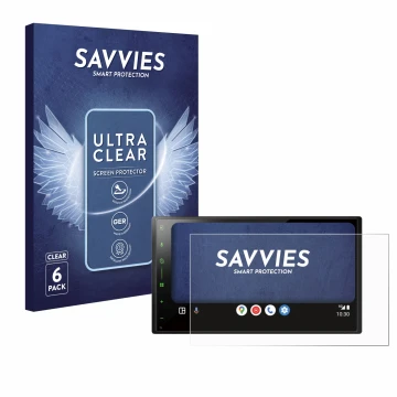 Front side of a product packaging with the brand logo Savvies. Next to it is the device Pioneer SPH-DA77DAB shown with the cor