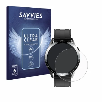 Front side of a product packaging with the brand logo Savvies. Next to it is the device Tracer Smartwatch SM9 shown with the c