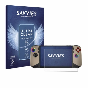 Front side of a product packaging with the brand logo Savvies. Next to it is the device MSI Claw 8 AI+ shown with the correspo