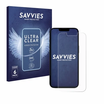 Front side of a product packaging with the brand logo Savvies. Next to it is the device Apple iPhone 16e shown with the corres