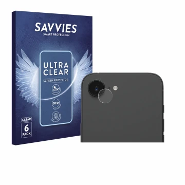 Front side of a product packaging with the brand logo Savvies. Next to it is the device Apple iPhone 16e (ONLY Camera Lens) sh